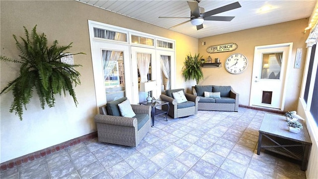 view of patio featuring french doors, outdoor lounge area, and ceiling fan