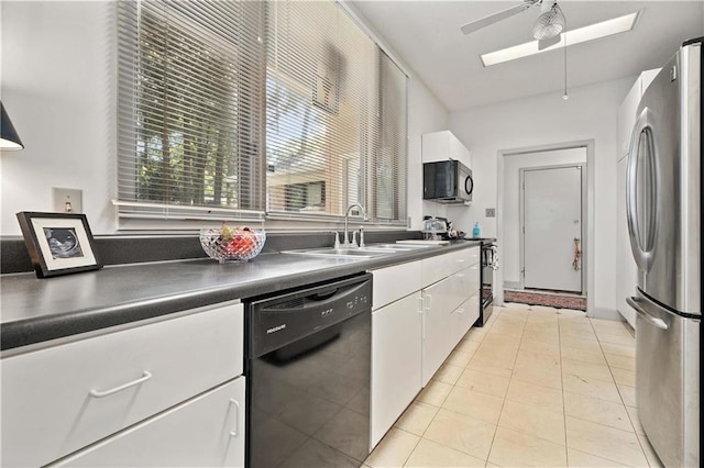 110 Schooley Cir, Daphne, AL 36526 - kitchen featuring black appliances, a sink, white cabinetry, dark countertops, and a ceiling fan