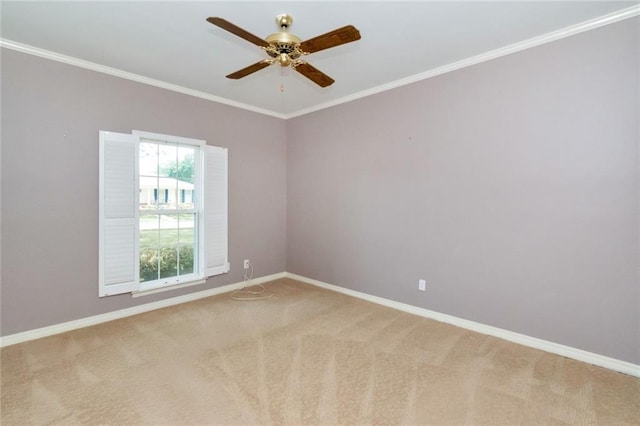 spare room featuring carpet floors, crown molding, and ceiling fan