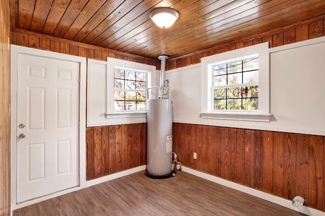 interior space with wooden ceiling, wooden walls, water heater, and a wealth of natural light