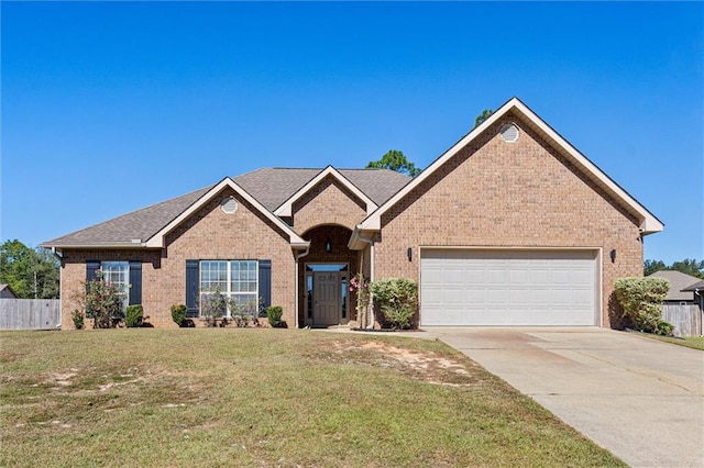 ranch-style house with a front yard and a garage