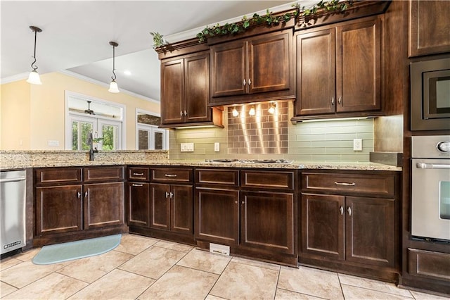 kitchen with crown molding, stainless steel appliances, light stone countertops, and tasteful backsplash