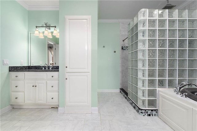 full bath featuring a walk in shower, ornamental molding, and vanity