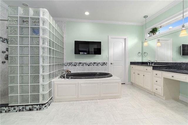 full bath featuring a garden tub, crown molding, a walk in shower, vanity, and marble finish floor