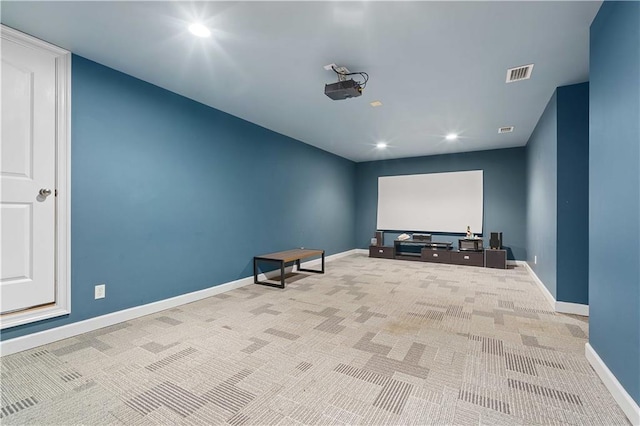 cinema room with baseboards, carpet flooring, recessed lighting, and visible vents