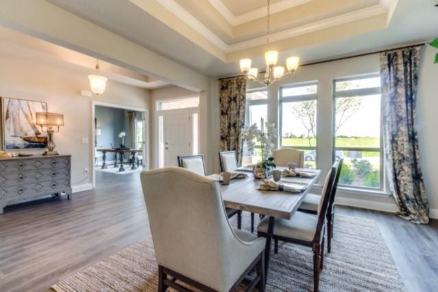 dining room with dark wood-type flooring, ornamental molding, a raised ceiling, and a chandelier