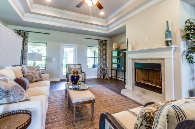 living room with crown molding, a premium fireplace, ceiling fan, dark hardwood / wood-style flooring, and a raised ceiling