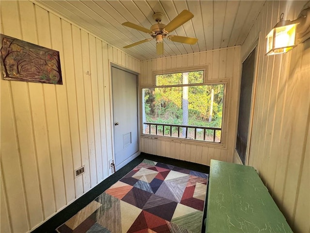 bedroom featuring ceiling fan, wood ceiling, and wood walls