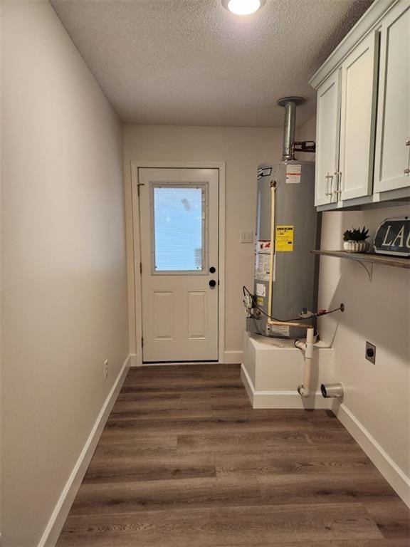 doorway to outside featuring dark hardwood / wood-style flooring, gas water heater, and a textured ceiling