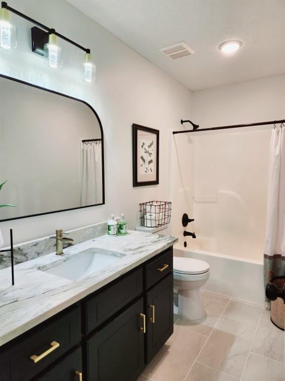 full bathroom with shower / bathtub combination with curtain, vanity, and toilet