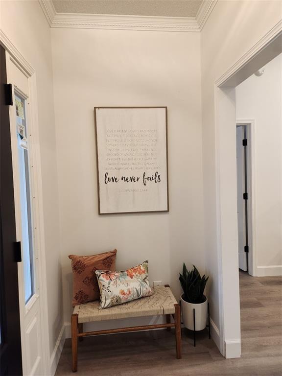 sitting room featuring wood-type flooring and crown molding