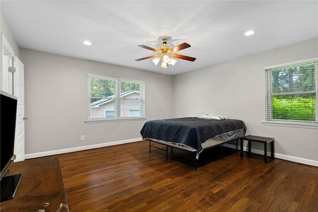 9100 Johnson Rd S, Mobile, AL 36695 - bedroom with wood finished floors, baseboards, recessed lighting, and a ceiling fan