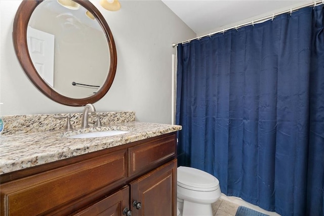 9100 Johnson Rd S, Mobile, AL 36695 - bathroom featuring toilet, vanity, tile patterned floors, and curtained shower