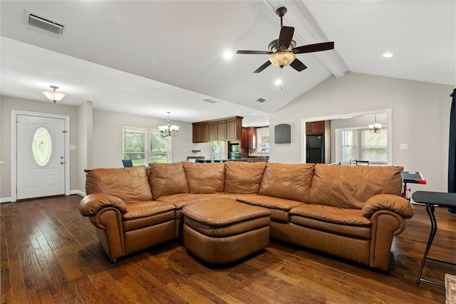 9100 Johnson Rd S, Mobile, AL 36695 - living room featuring a chandelier, dark wood-type flooring, a ceiling fan, and baseboards