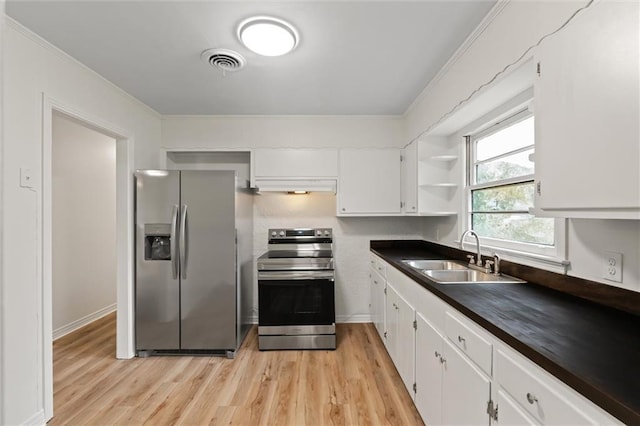 kitchen with sink, white cabinets, exhaust hood, and appliances with stainless steel finishes