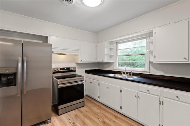 kitchen featuring white cabinetry, sink, appliances with stainless steel finishes, and light hardwood / wood-style flooring