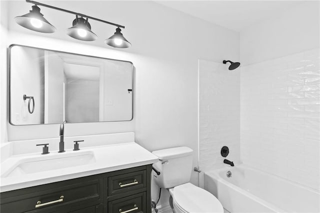 full bathroom with toilet, vanity, and bathing tub / shower combination