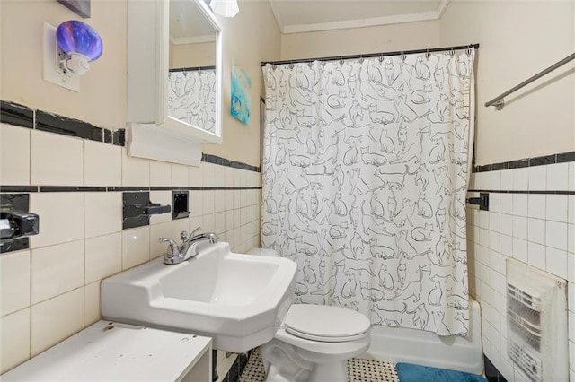 bathroom with heating unit, curtained shower, tile walls, and toilet