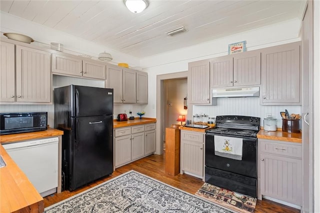 kitchen with wooden counters, under cabinet range hood, wooden ceiling, wood finished floors, and black appliances