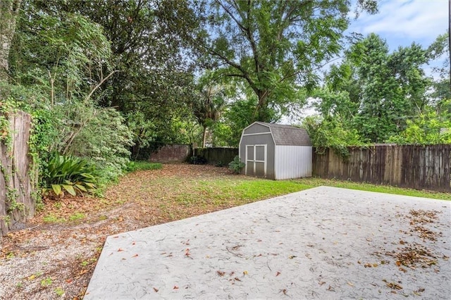 view of yard featuring a patio and a shed