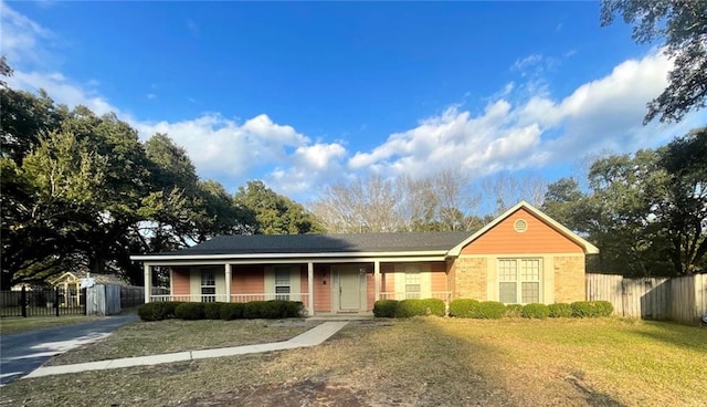 ranch-style home with covered porch, driveway, brick siding, and fence