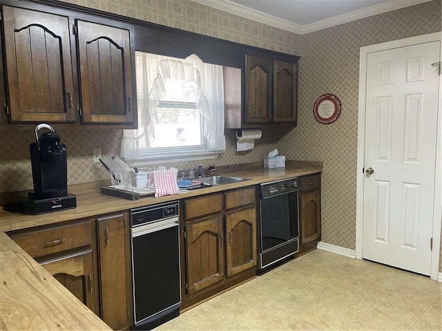 kitchen featuring wallpapered walls, black dishwasher, baseboards, light countertops, and crown molding