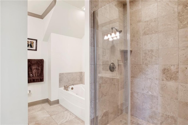 bathroom with plus walk in shower and tile patterned flooring