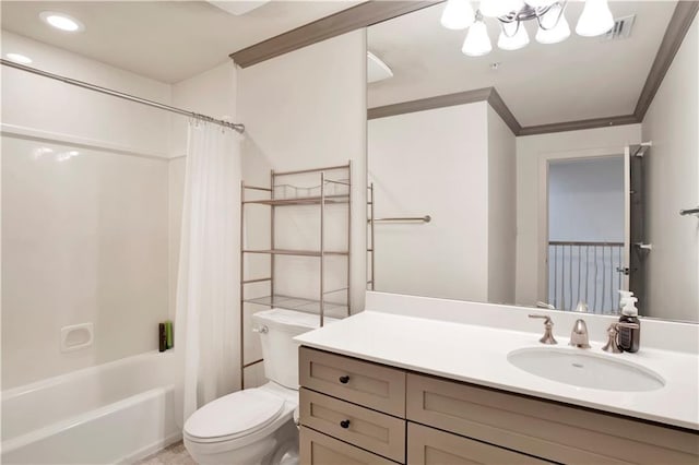 full bathroom featuring shower / bath combination with curtain, crown molding, toilet, and vanity