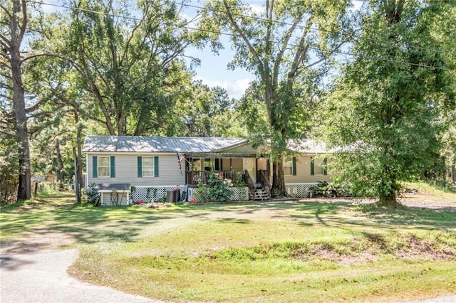 ranch-style house with covered porch and a front lawn