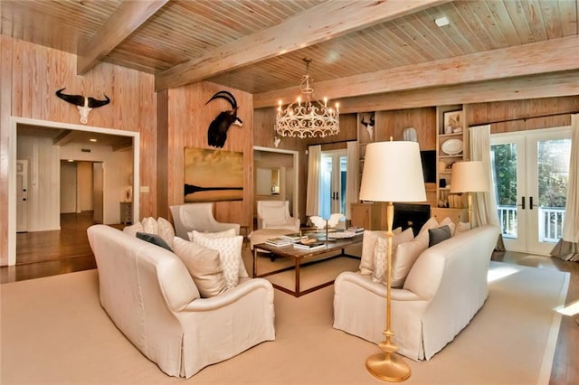 living room with wood ceiling, wooden walls, and hardwood / wood-style flooring