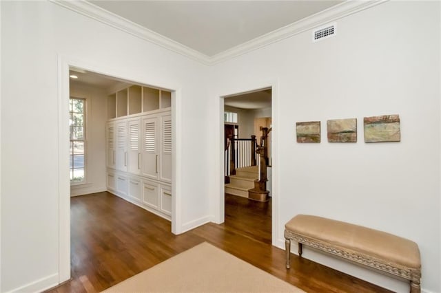 interior space with crown molding and dark hardwood / wood-style flooring