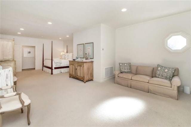 carpeted living room featuring crown molding