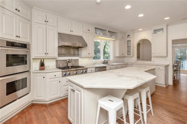 kitchen featuring light hardwood / wood-style flooring, appliances with stainless steel finishes, a center island, ventilation hood, and white cabinetry