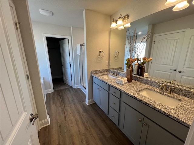 bathroom with vanity, hardwood / wood-style flooring, and a shower with door