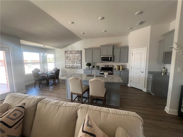 kitchen featuring dark wood-type flooring, gray cabinetry, light stone countertops, a center island with sink, and stainless steel appliances