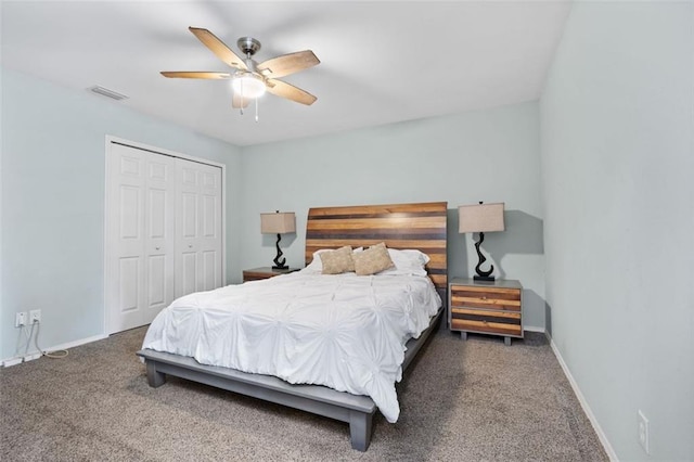 carpeted bedroom with ceiling fan and a closet