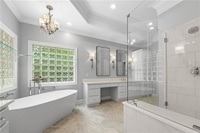 bathroom featuring vanity, crown molding, independent shower and bath, and an inviting chandelier