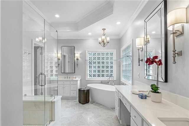 bathroom with crown molding, vanity, shower with separate bathtub, and a chandelier