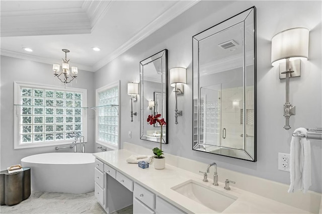 bathroom featuring crown molding, vanity, separate shower and tub, and an inviting chandelier