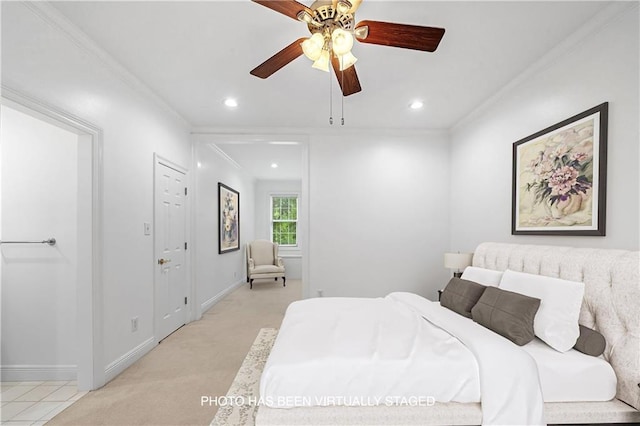 bedroom with light carpet, crown molding, and ceiling fan