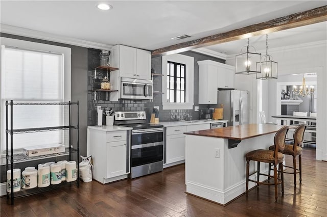 kitchen featuring backsplash, white cabinetry, a kitchen island, and appliances with stainless steel finishes