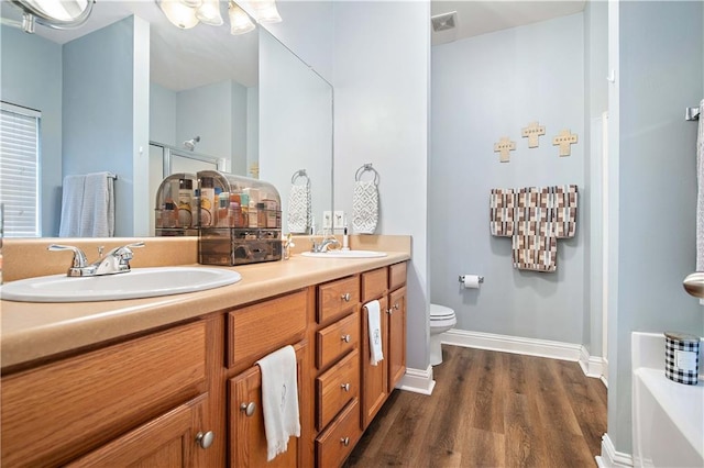 bathroom featuring toilet, vanity, and wood-type flooring