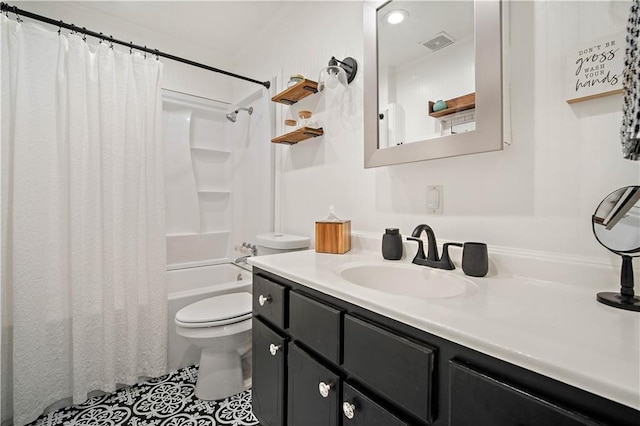 19565 4th St N, Citronelle, AL 36522 - full bathroom with toilet, vanity, shower / bathtub combination with curtain, and tile patterned floors
