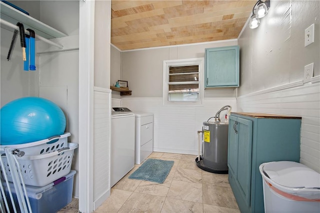 19565 4th St N, Citronelle, AL 36522 - laundry area with wood ceiling, water heater, washing machine and clothes dryer, and a wainscoted wall