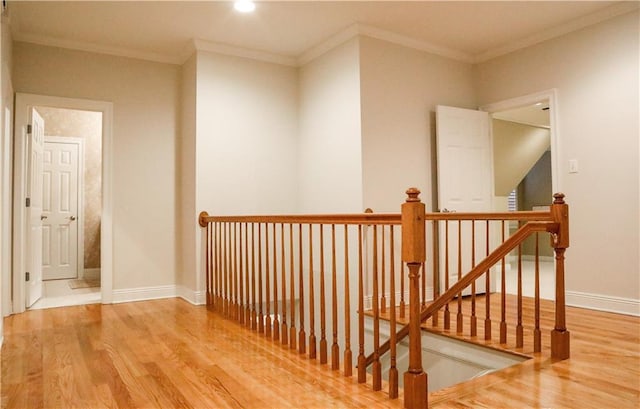 corridor with ornamental molding and wood-type flooring