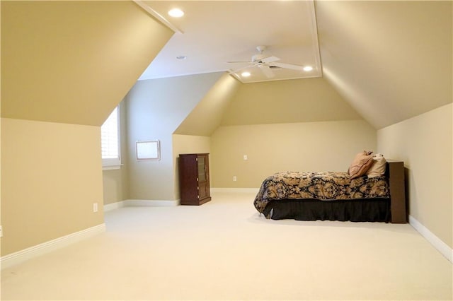 bedroom with lofted ceiling, carpet floors, and ceiling fan