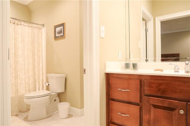 full bathroom with shower / tub combo, vanity, toilet, and tile patterned flooring