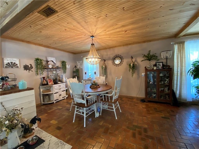 dining space with wooden ceiling, a wealth of natural light, a notable chandelier, and visible vents