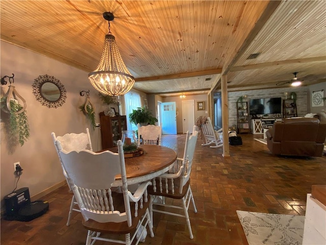 dining room featuring visible vents, baseboards, wood ceiling, brick floor, and a notable chandelier
