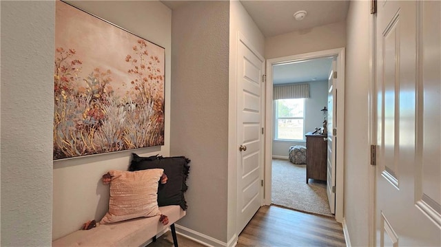 hallway featuring wood finished floors, baseboards, and a textured wall